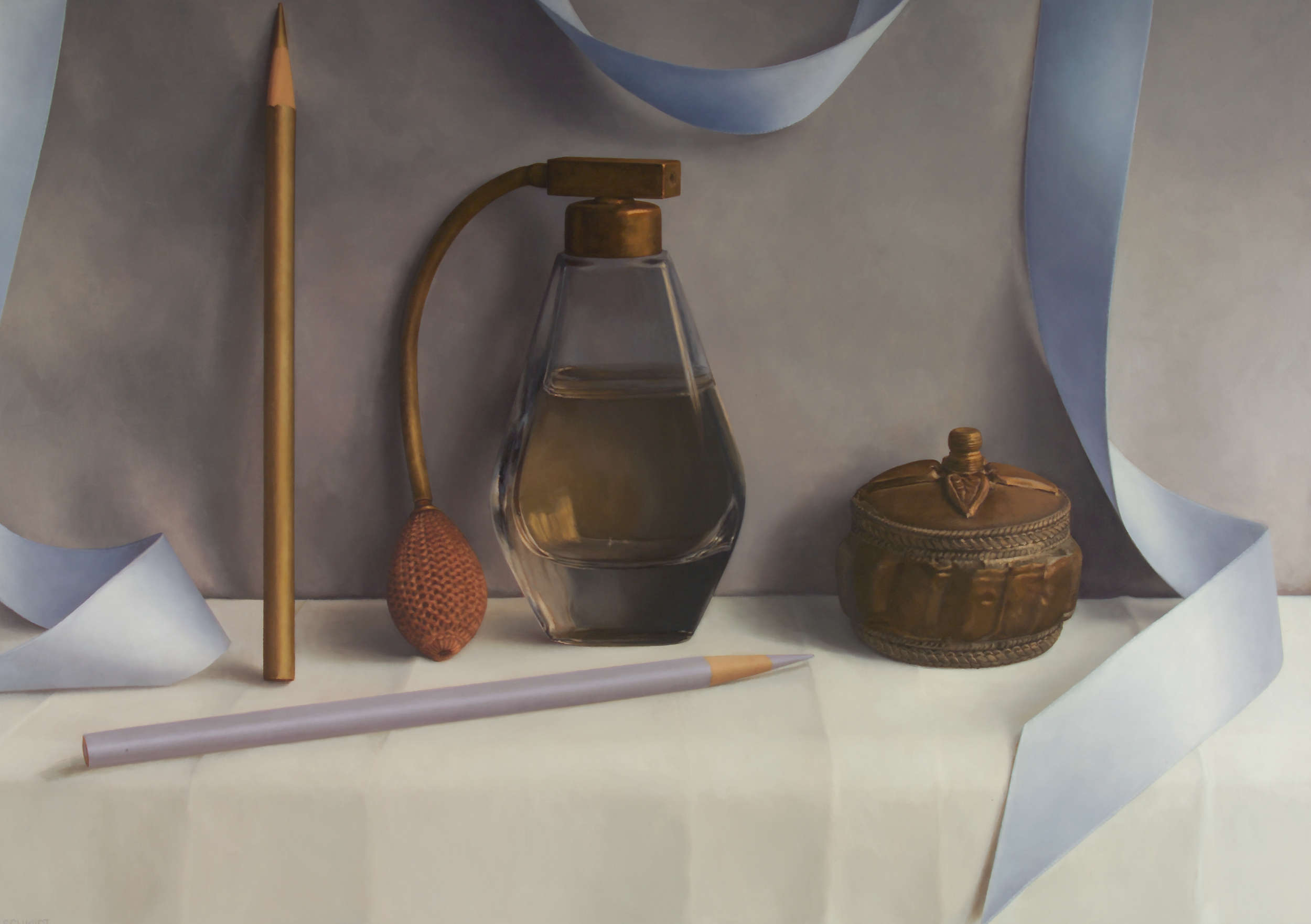 giant perfume bottle with atomizer, giant gold pencil leaning on wall, lavender satin ribbon draped behind, brass pill box carved, lavender pencil laying down