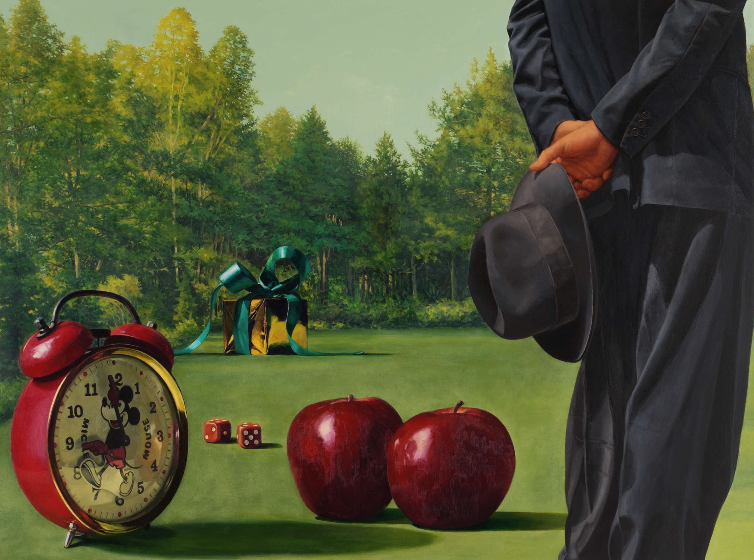 male figure wearing suit, holding fedora hat, red apples, a green garden, mickey mouse clock, gift wrapped in gold paper with green ribbon, dice