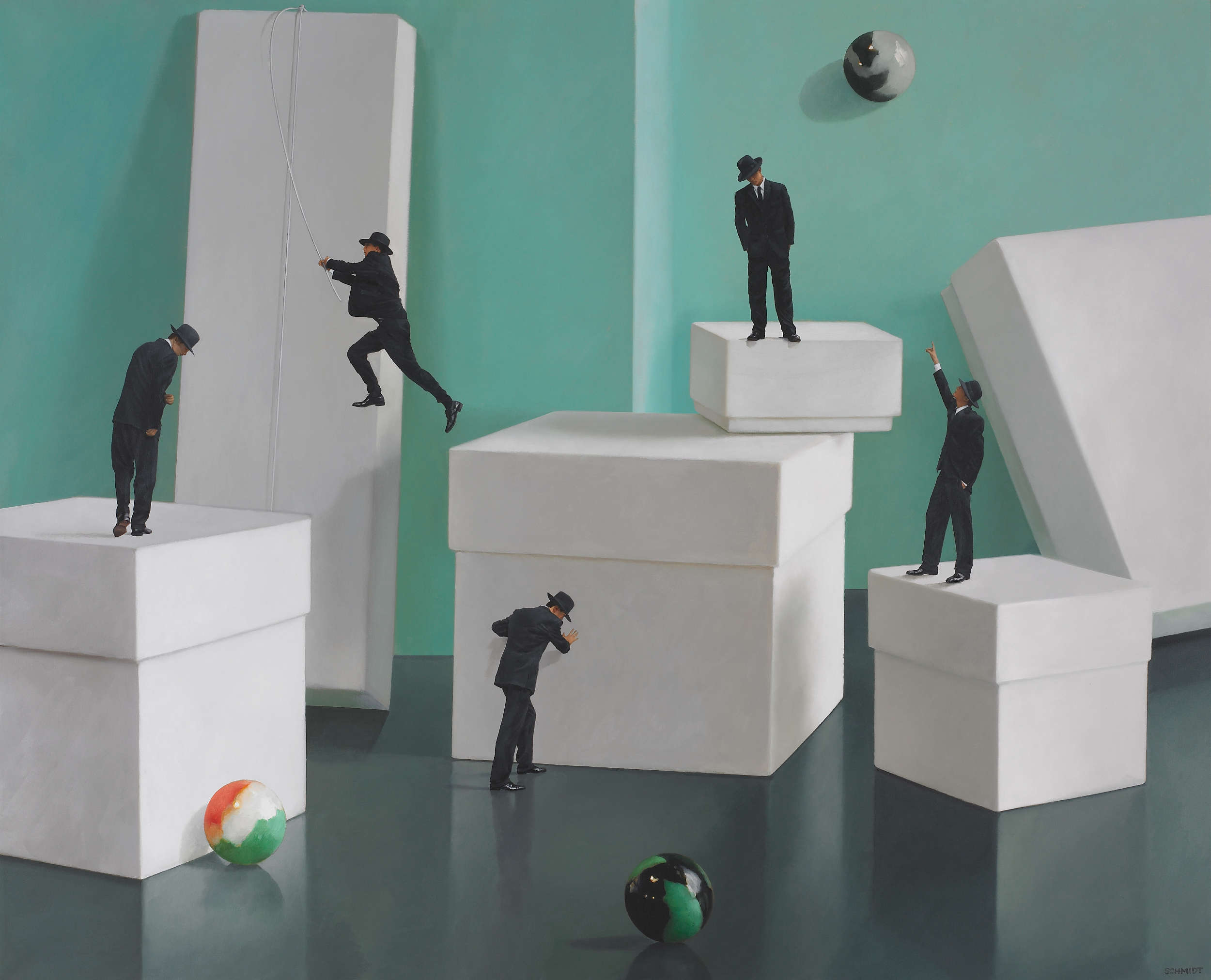 Diminutive men wearing fedora hats and suits, jumping swinging pointing pushing , giant white gift boxes, giant marbles