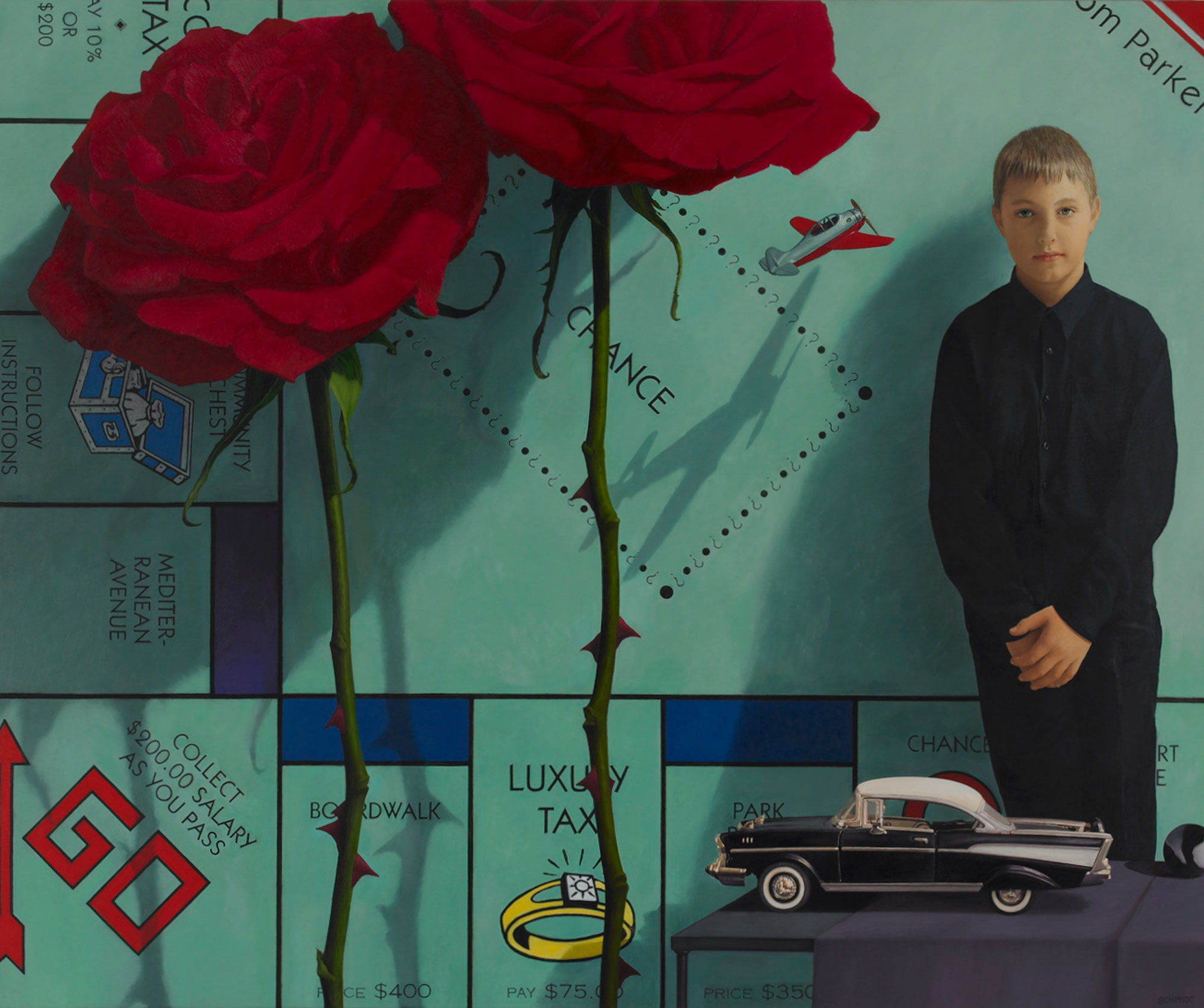 Monopoly board, male child leaning against board (Brett) small red and silver airplane flying, 2 giant red roses with shadows, stems and thorns, vintage toy car 