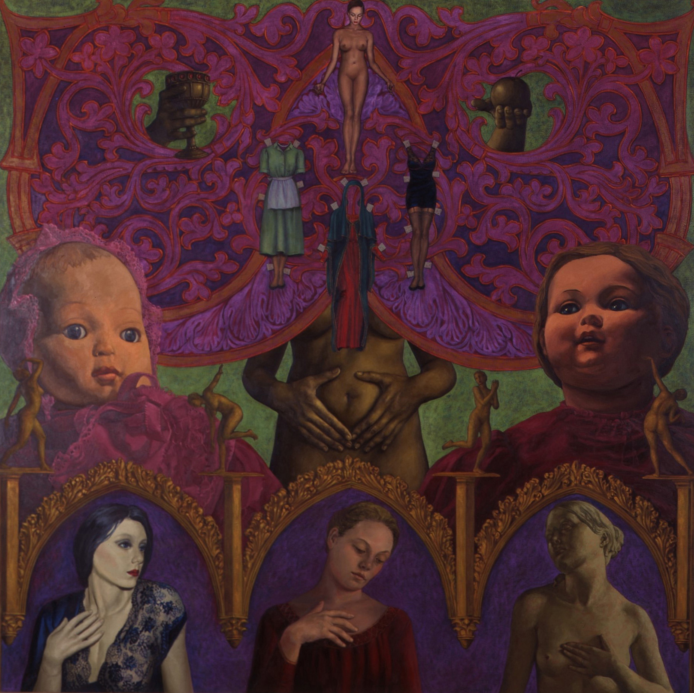 giant dolls heads, a womb, diminutive figures dancing, gold carved arches, an apple, a chalice, a paper doll with paper doll clothing