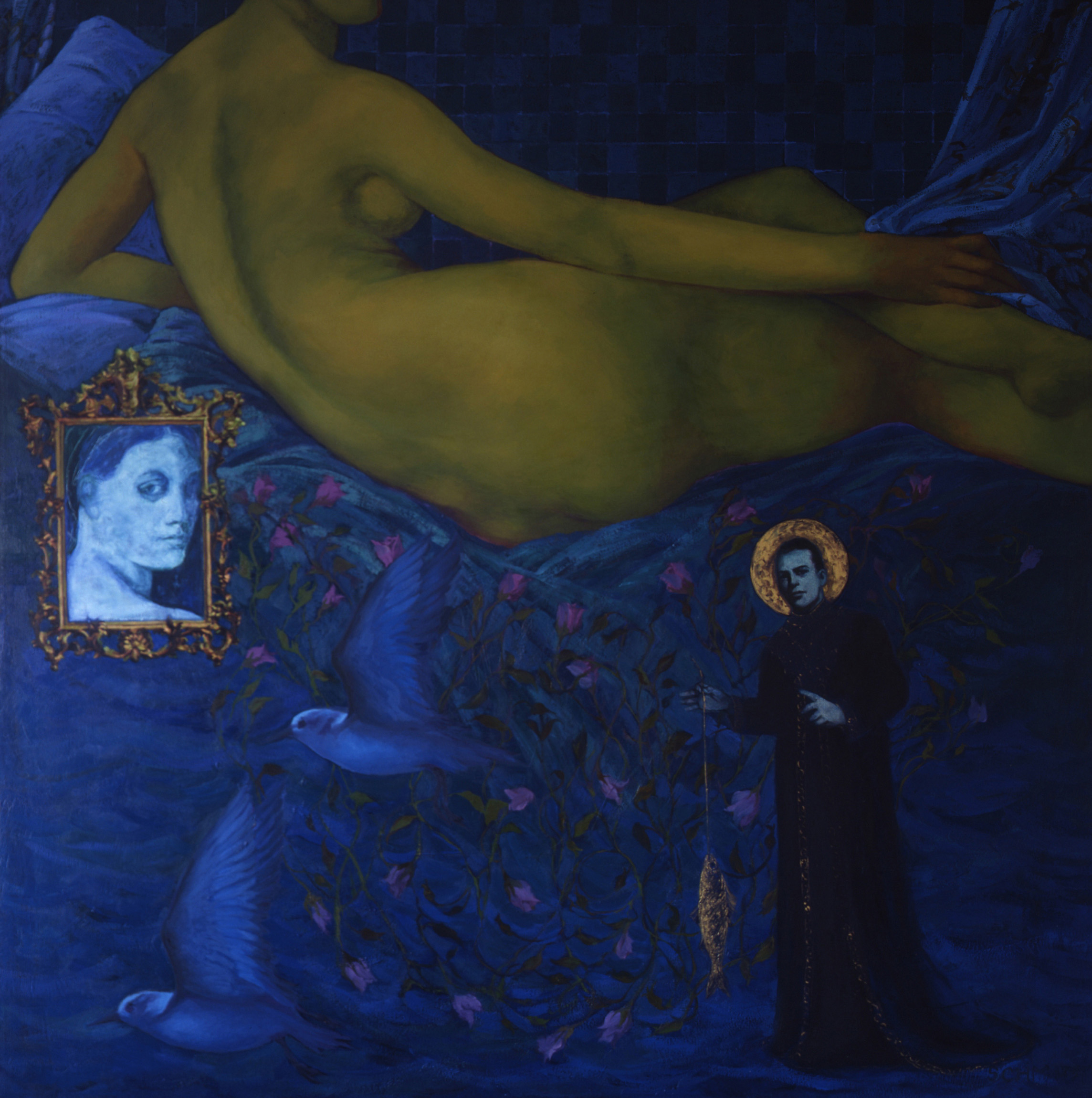 figure based on Ingres, magician/priest, gold captured fish, birds flying