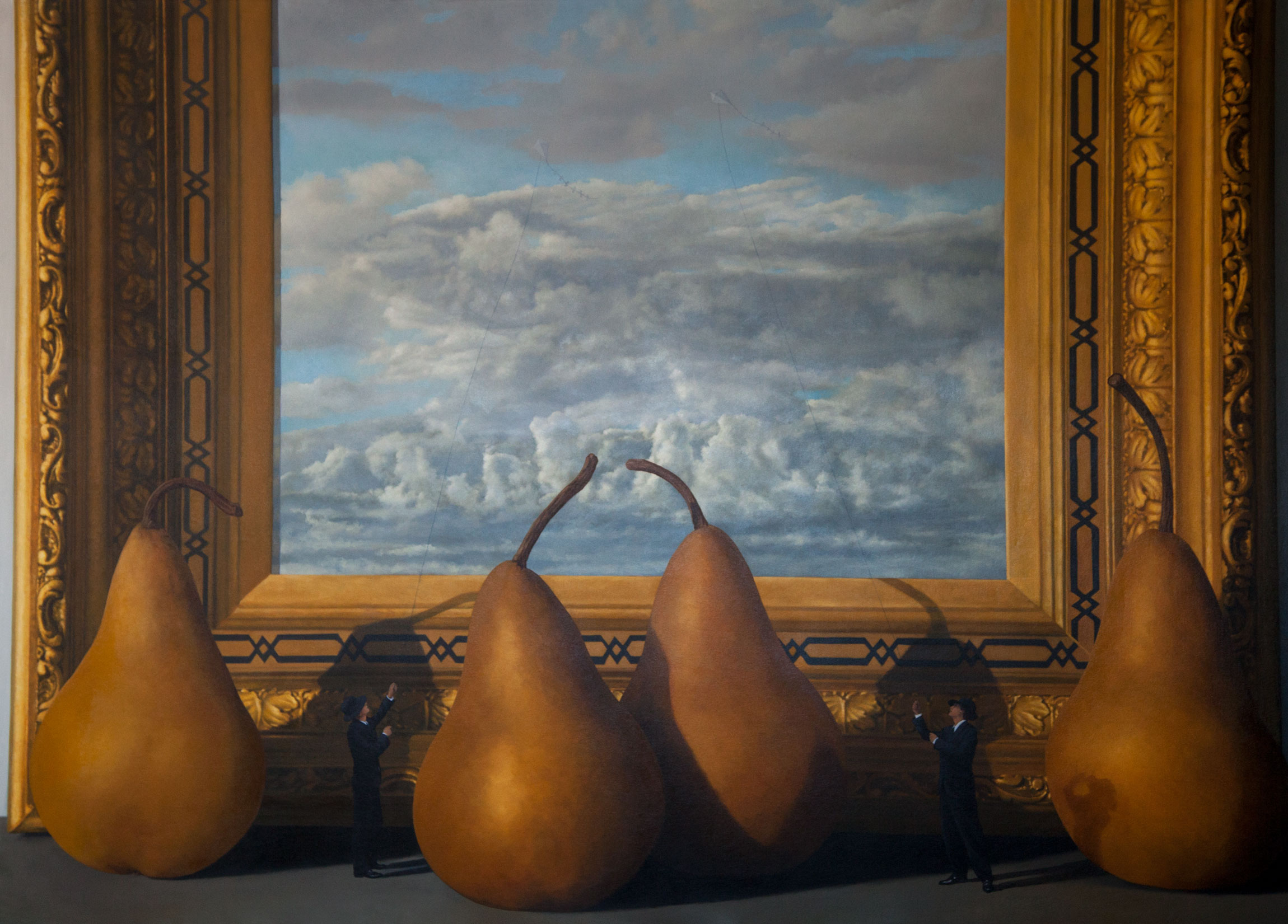 gold frame ,pears , sky, diminutive male figures wearing fedora hats and suits, flying kites 