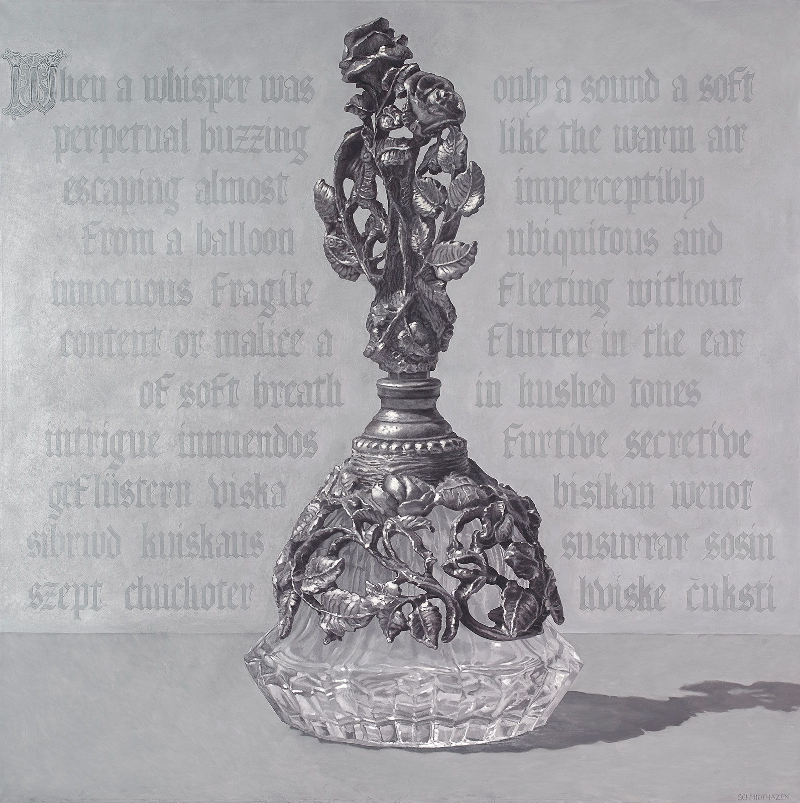 giant perfume bottle with memory that is inside written around, illuminated manuscript , monochromatic