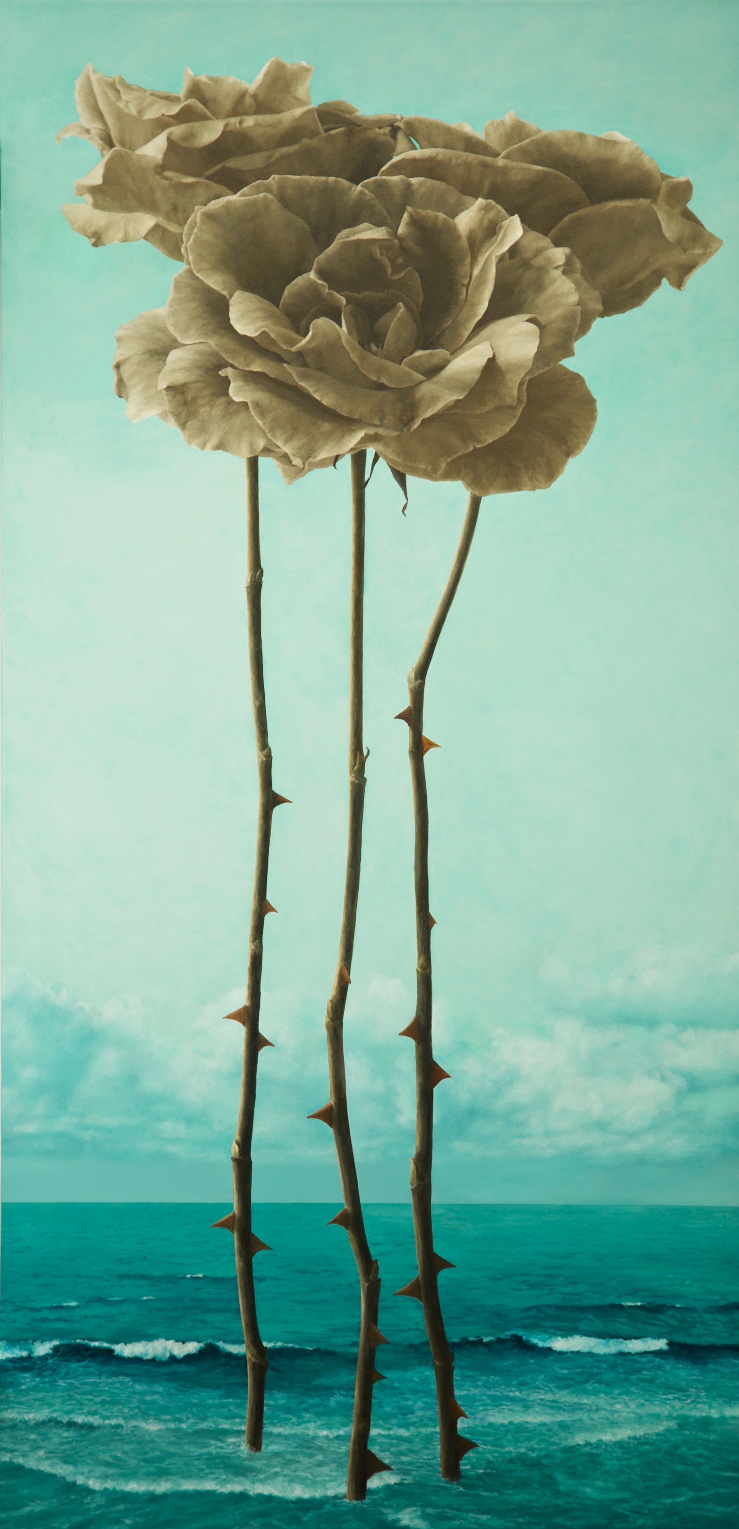 triptych greenish sky and sea, sepia roses