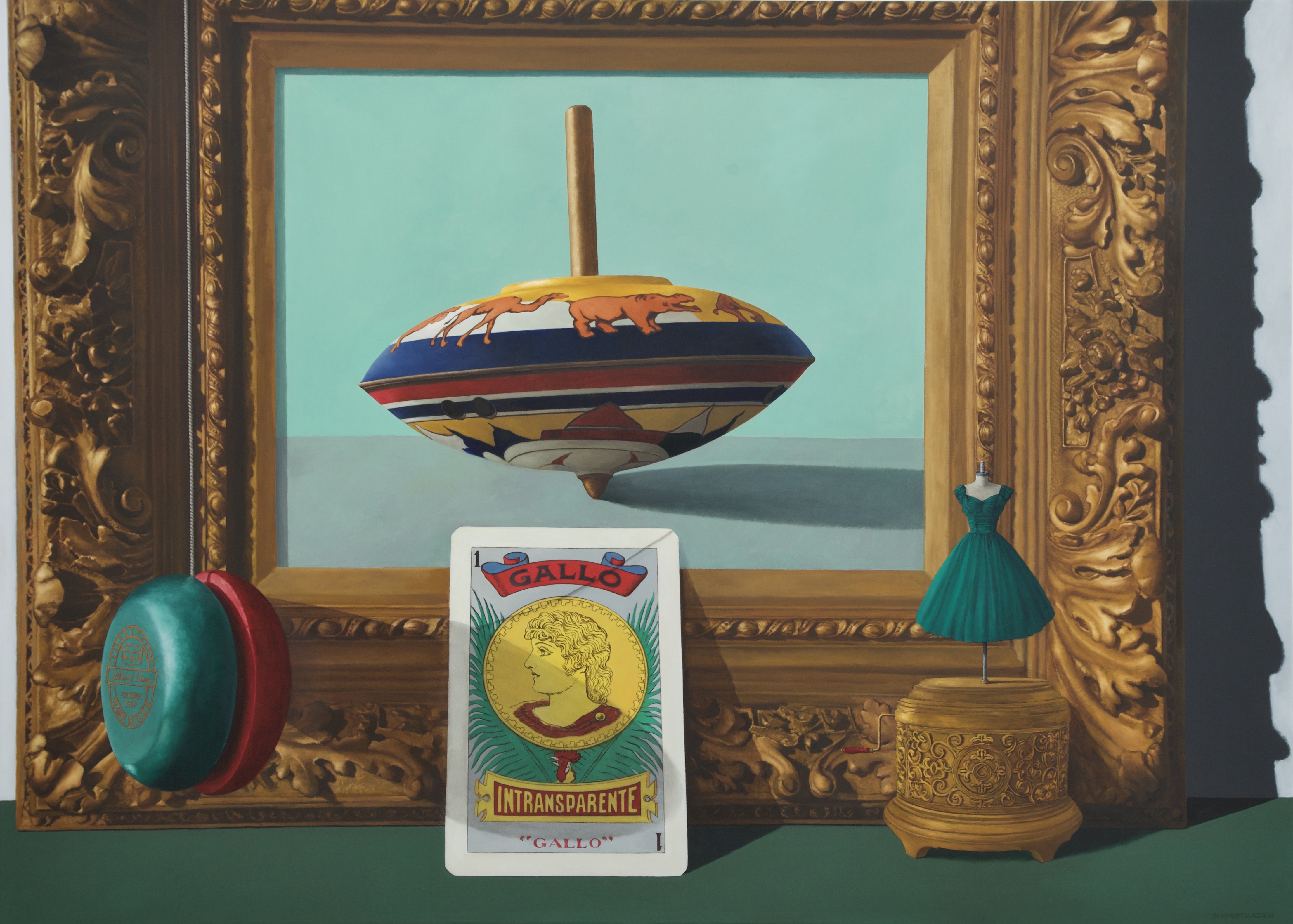 Gold frame, Gallo card, yoyo, 50's green dress, spinning top