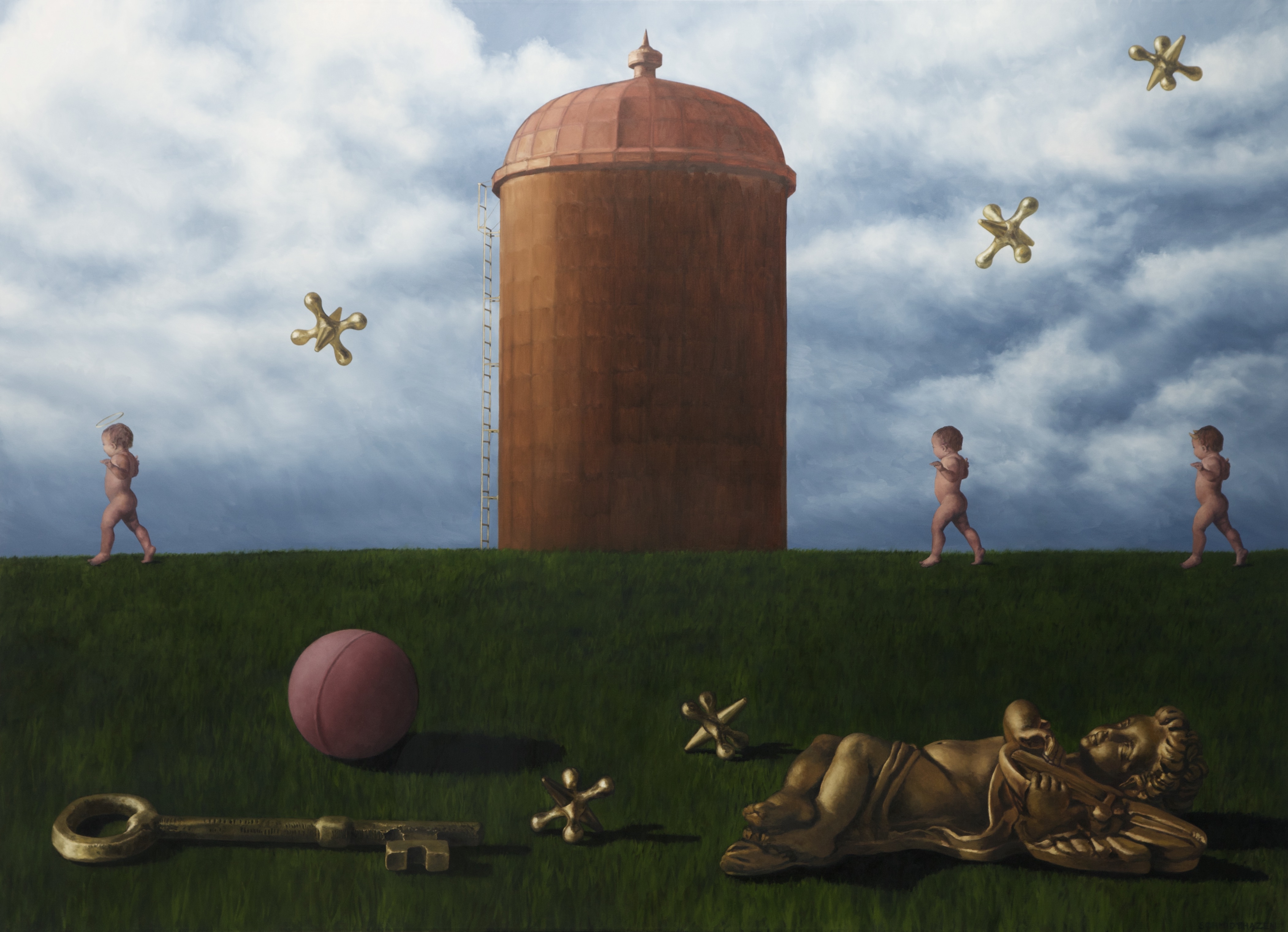 New Jersey silo, 3 babies , one human, one devil and one angel... gold jacks,  pink ball with a gold cherub angel and a golden key