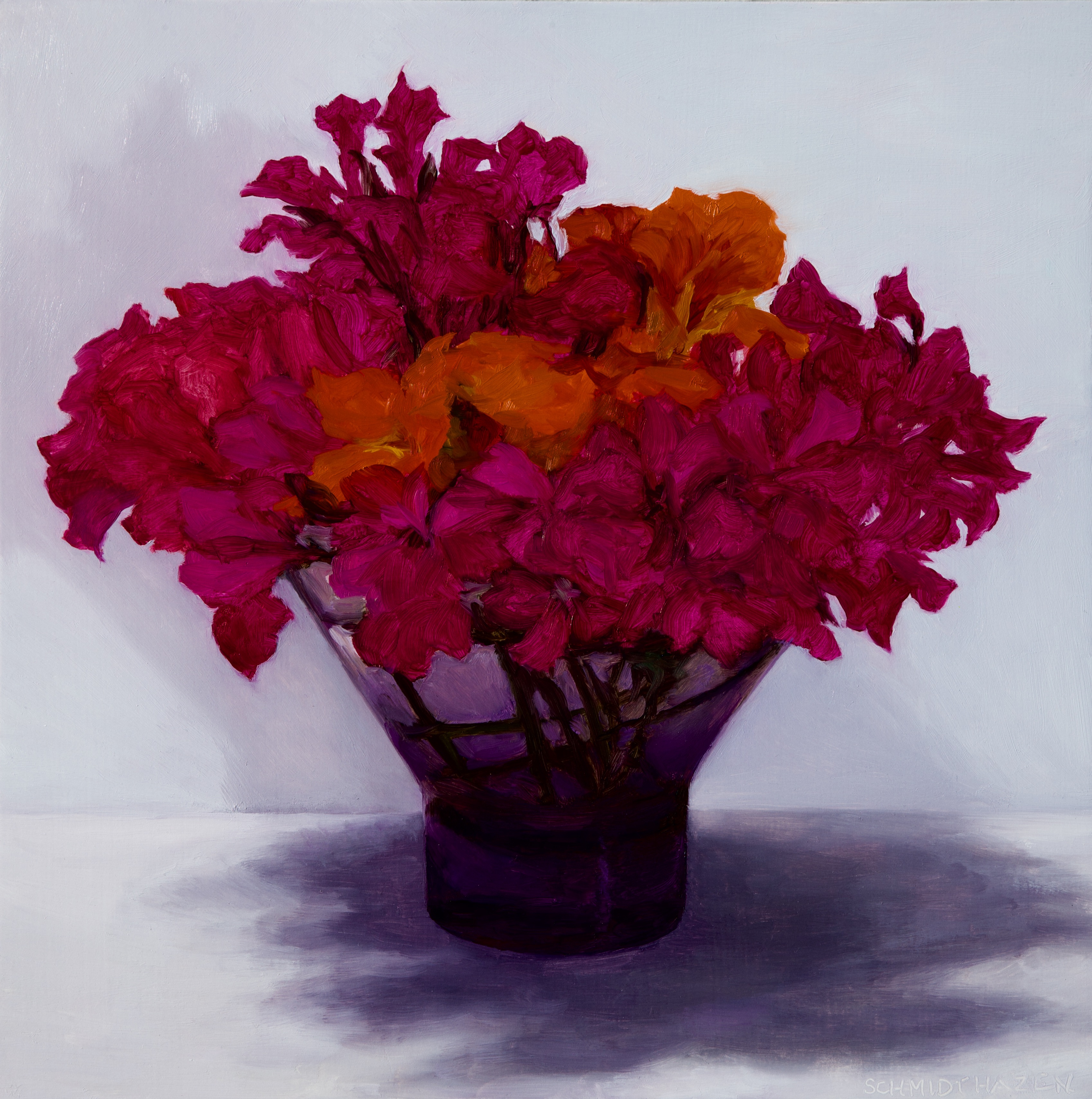 red flowers purple glass vase